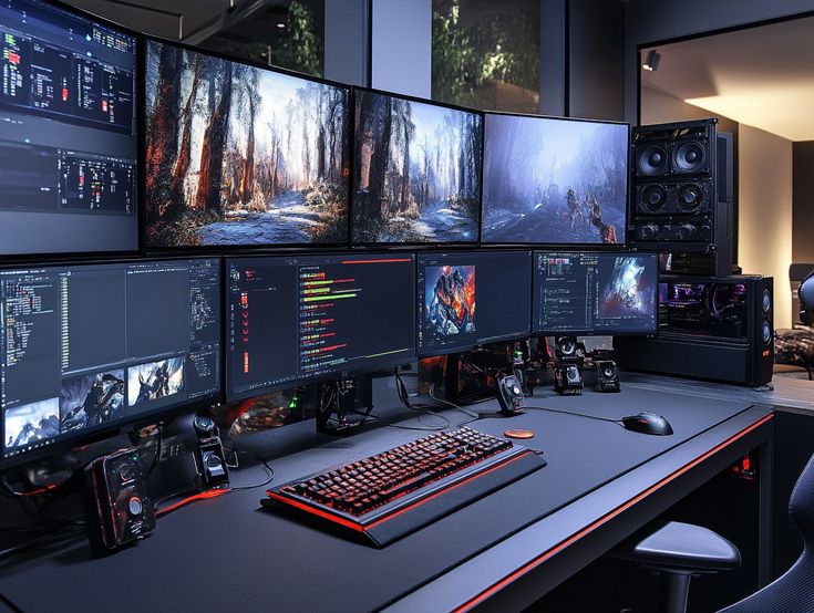 A high-end modern gaming setup with warm backlighting and display screens